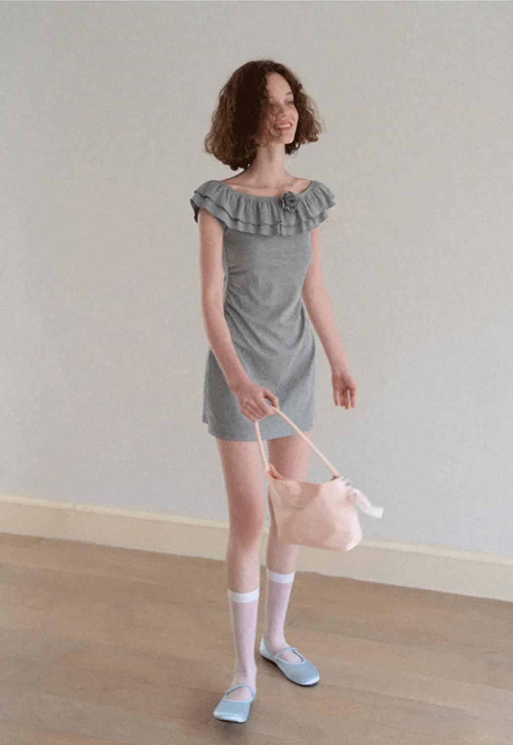 Ruffled Off Shoulder Mini Dress with Floral Applique