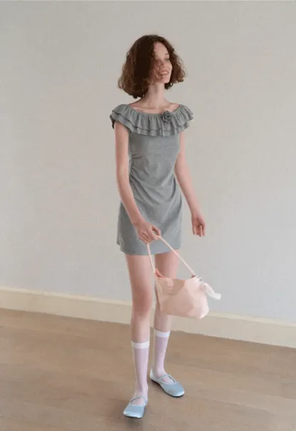 Ruffled Off Shoulder Mini Dress with Floral Applique