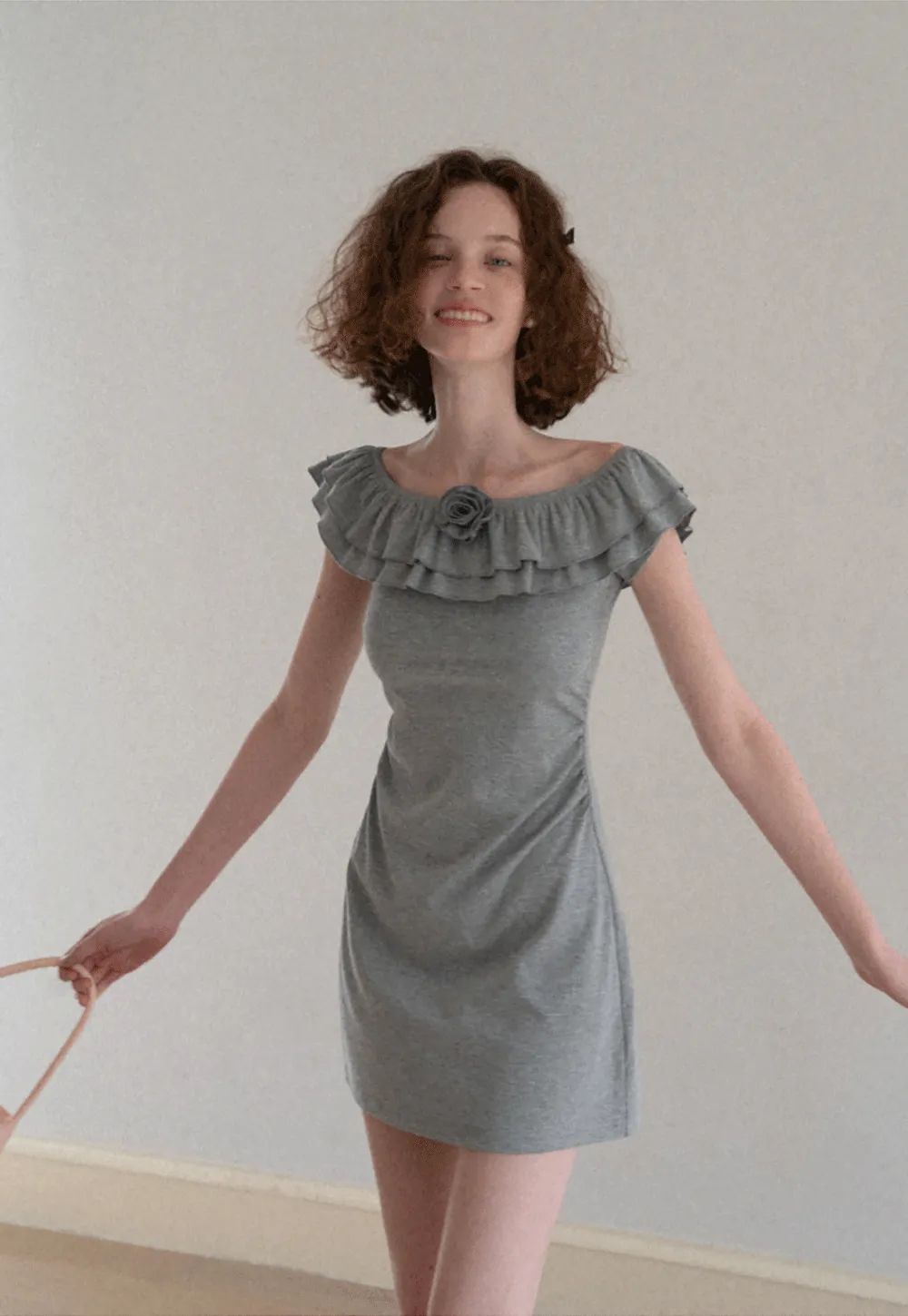 Ruffled Off Shoulder Mini Dress with Floral Applique