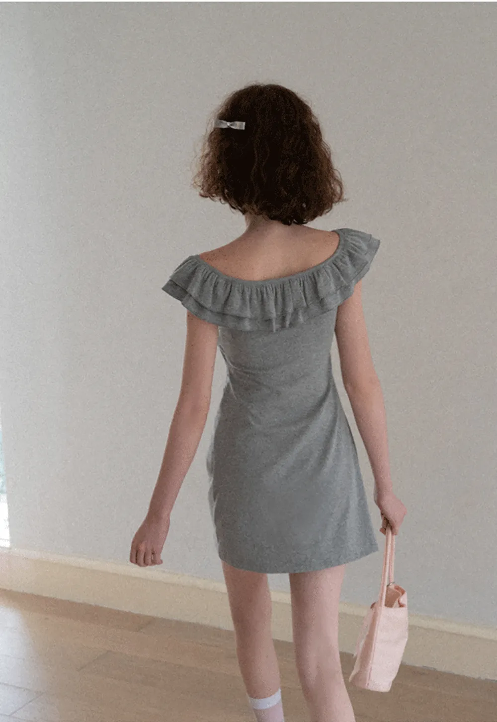 Ruffled Off Shoulder Mini Dress with Floral Applique