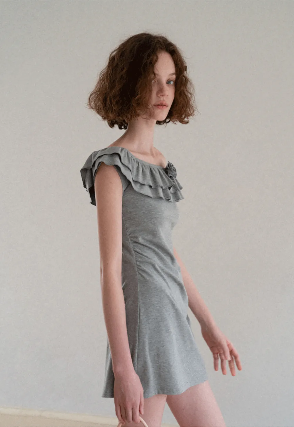 Ruffled Off Shoulder Mini Dress with Floral Applique