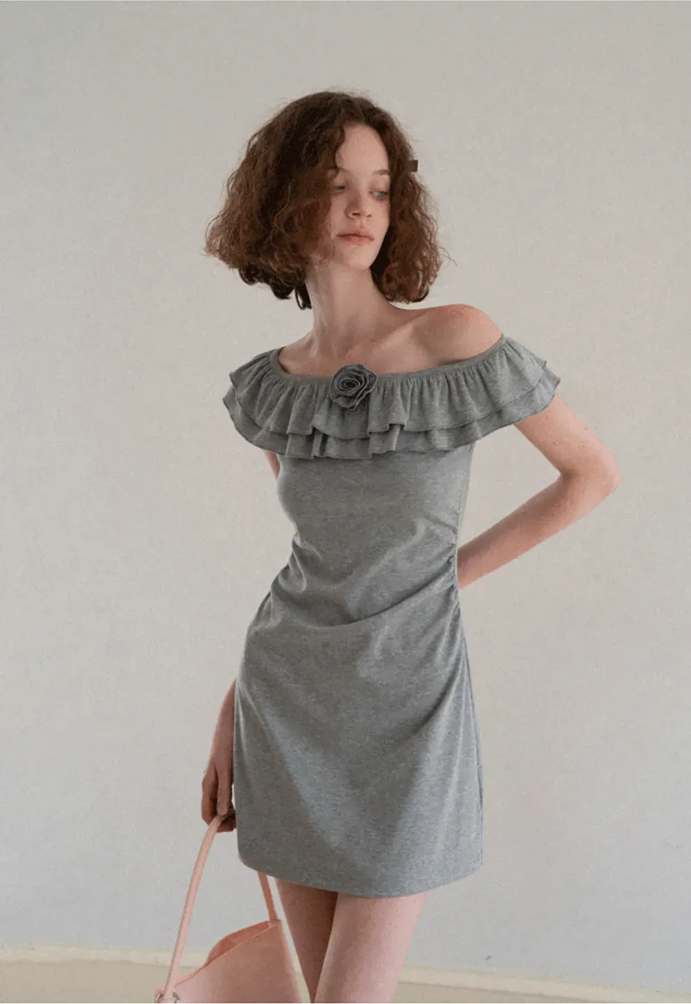 Ruffled Off Shoulder Mini Dress with Floral Applique