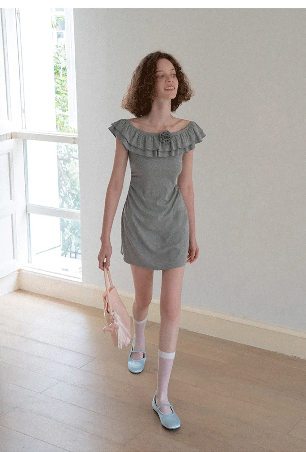 Ruffled Off Shoulder Mini Dress with Floral Applique