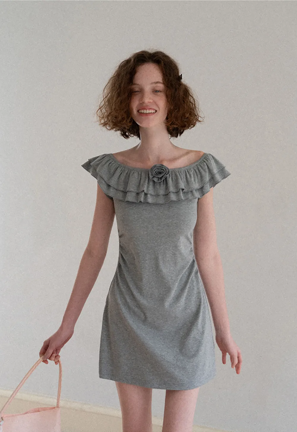 Ruffled Off Shoulder Mini Dress with Floral Applique