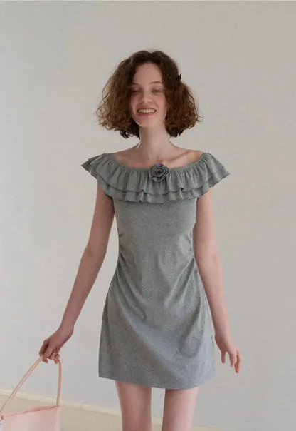 Ruffled Off Shoulder Mini Dress with Floral Applique