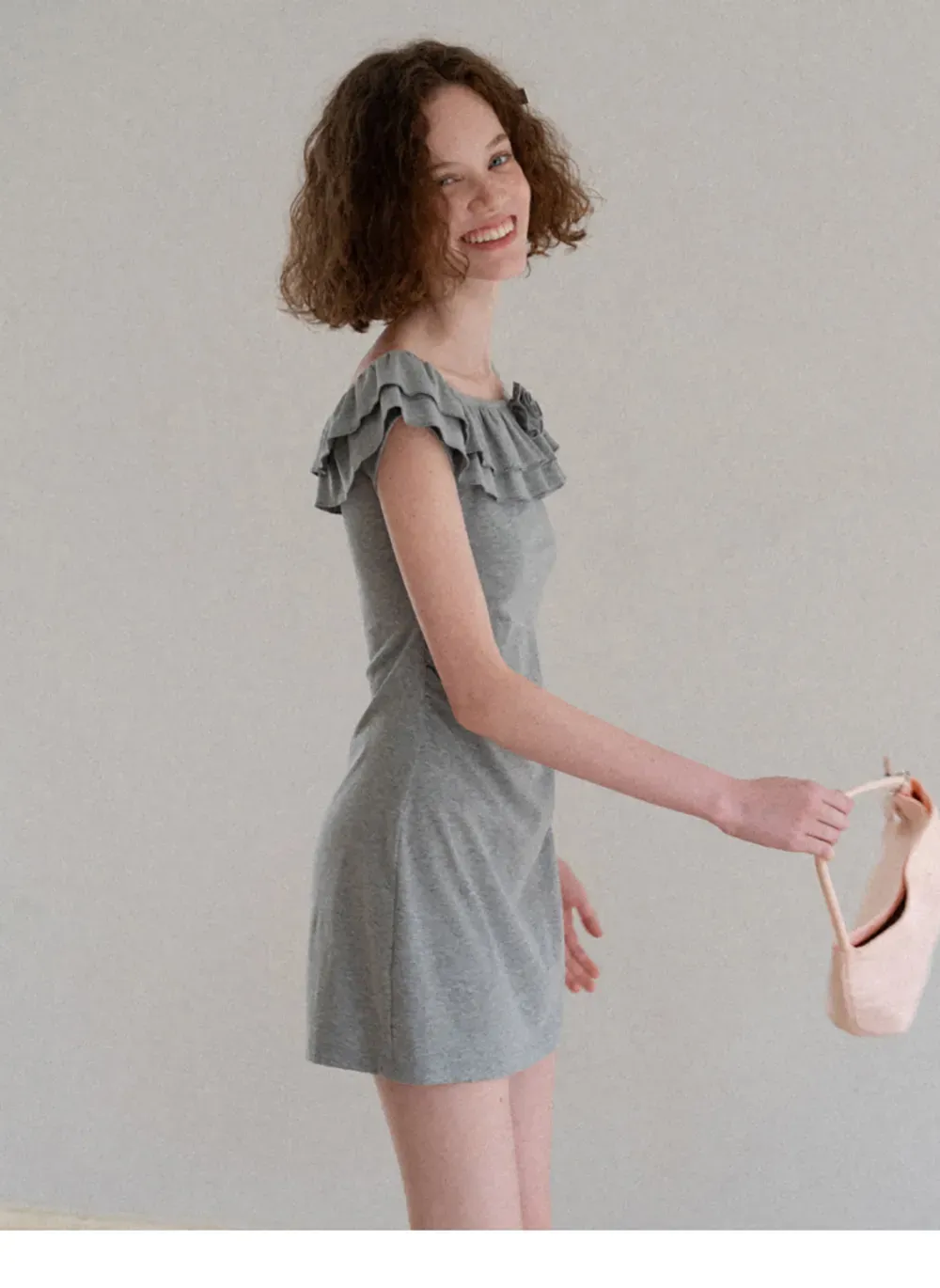 Ruffled Off Shoulder Mini Dress with Floral Applique