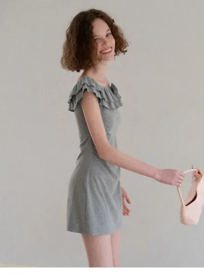 Ruffled Off Shoulder Mini Dress with Floral Applique