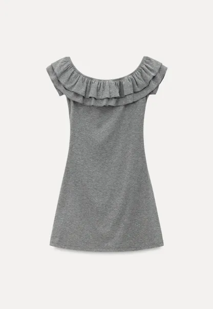 Ruffled Off Shoulder Mini Dress with Floral Applique