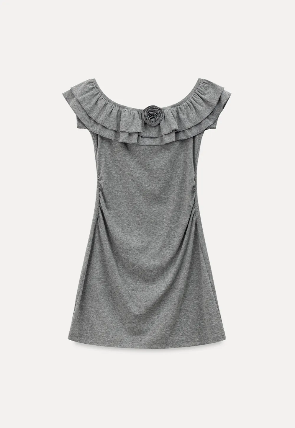 Ruffled Off Shoulder Mini Dress with Floral Applique