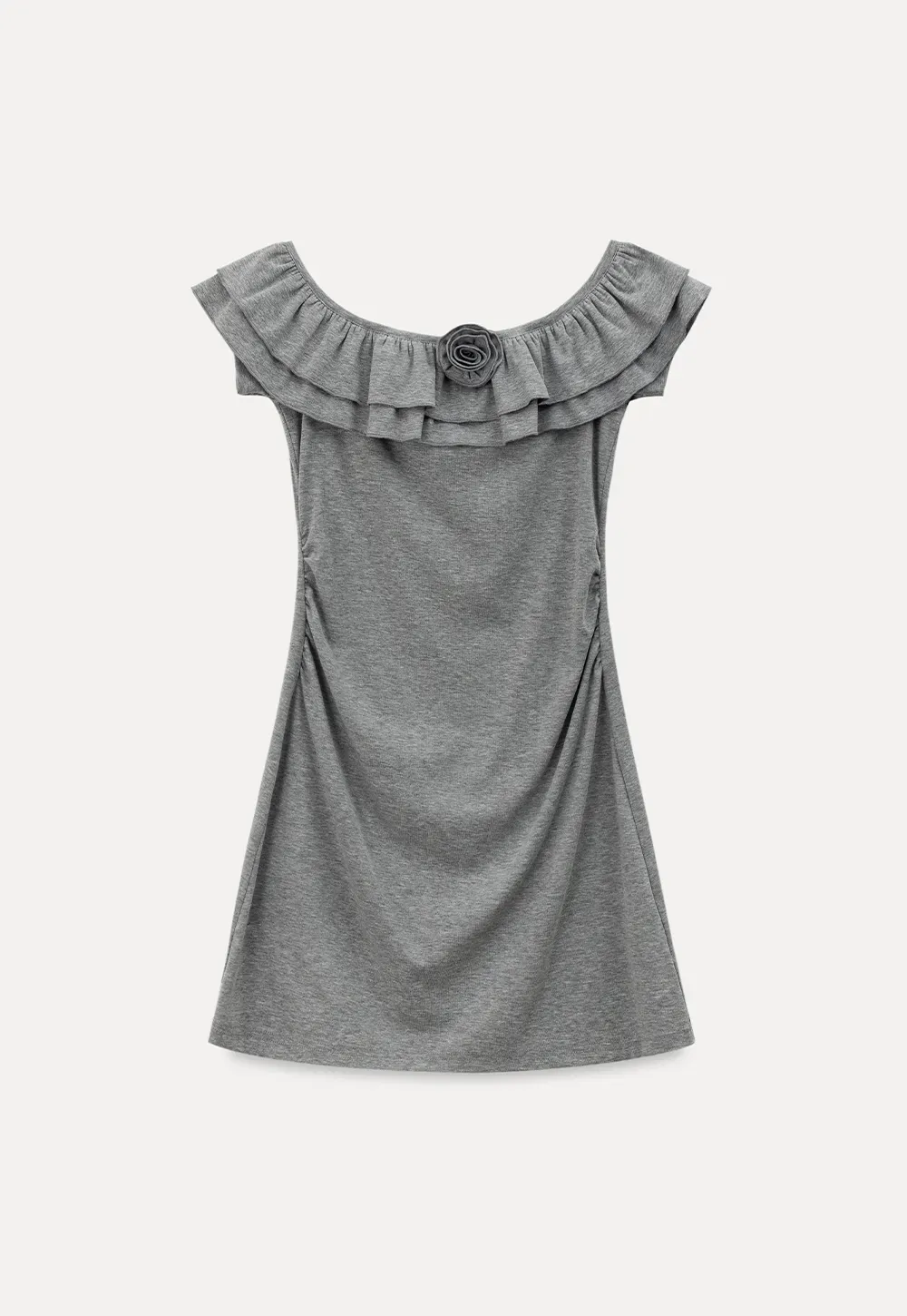 Ruffled Off Shoulder Mini Dress with Floral Applique