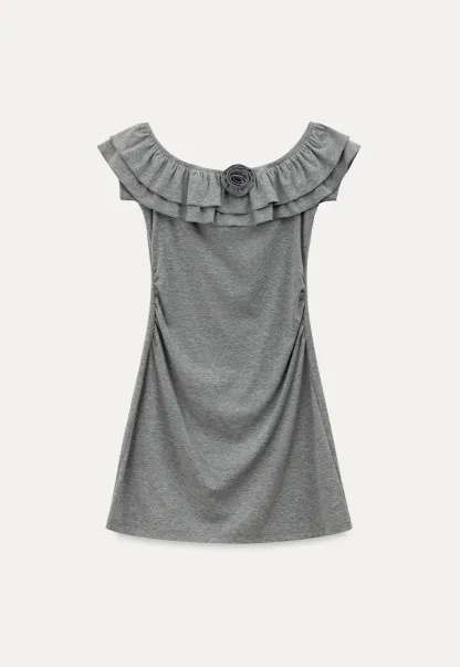 Ruffled Off Shoulder Mini Dress with Floral Applique