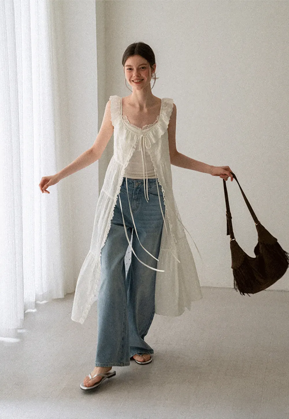 Lace Trim Drawstring Front Sleeveless Dress