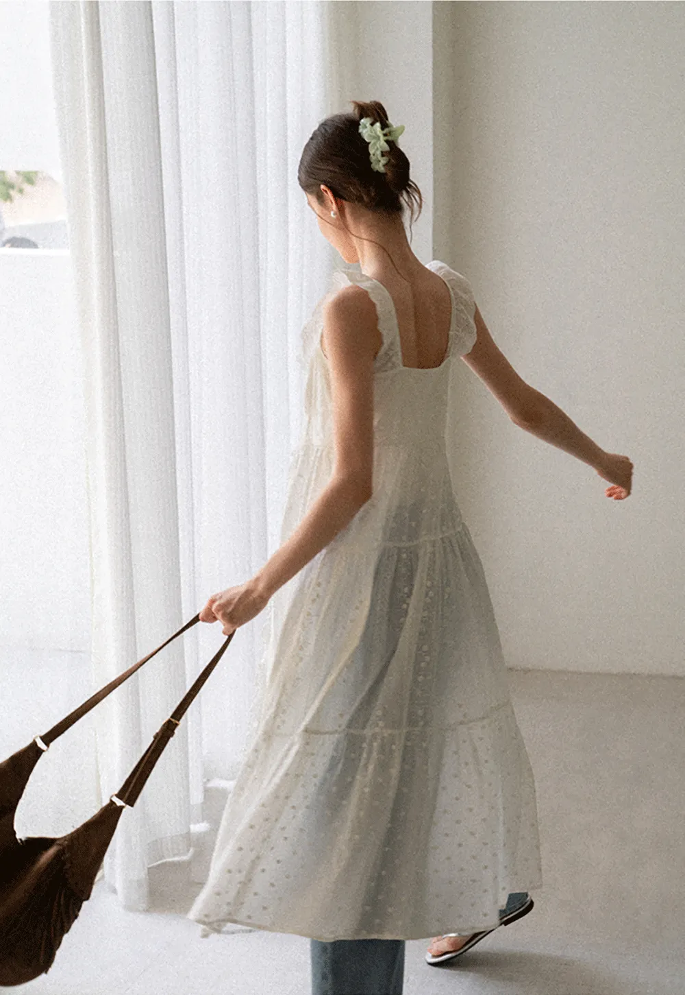 Lace Trim Drawstring Front Sleeveless Dress