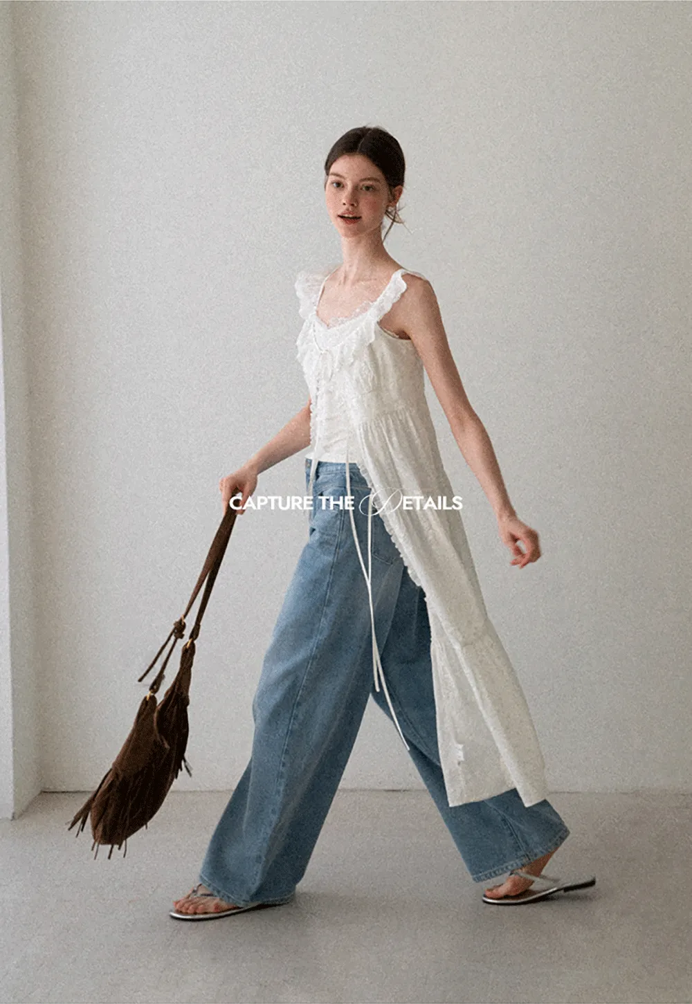 Lace Trim Drawstring Front Sleeveless Dress