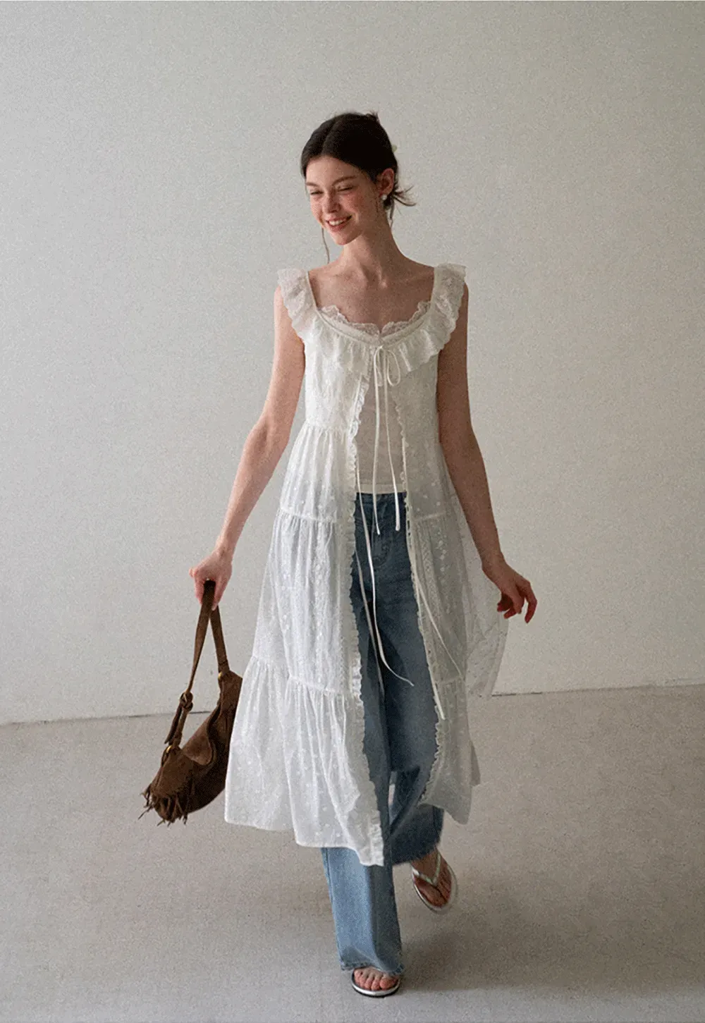 Lace Trim Drawstring Front Sleeveless Dress