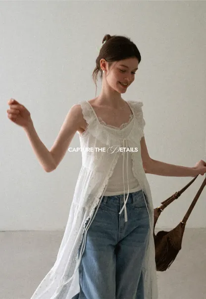 Lace Trim Drawstring Front Sleeveless Dress