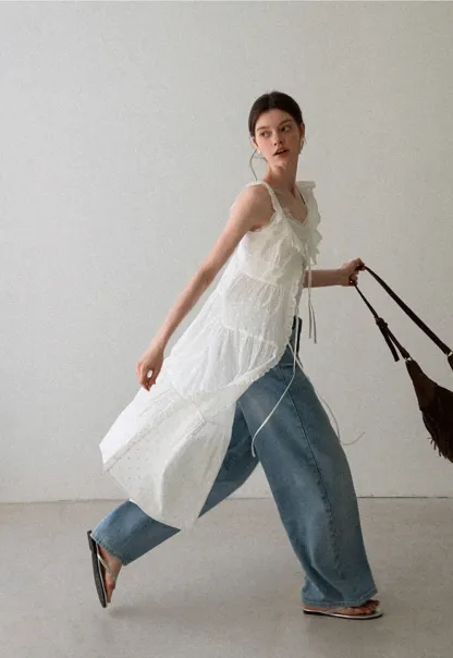 Lace Trim Drawstring Front Sleeveless Dress