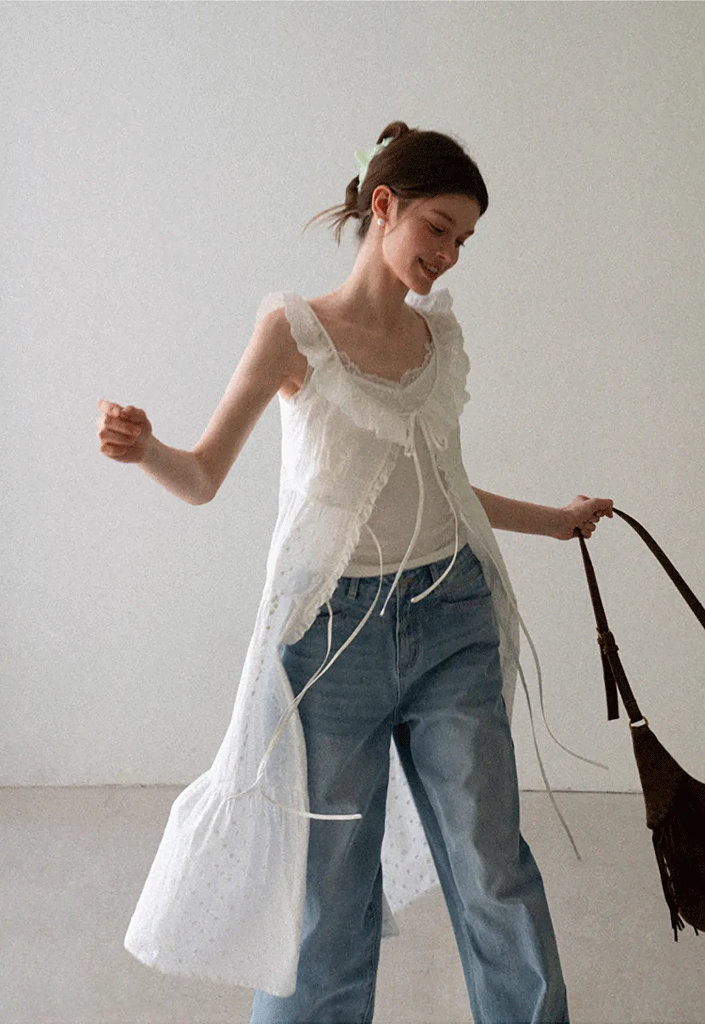 Lace Trim Drawstring Front Sleeveless Dress