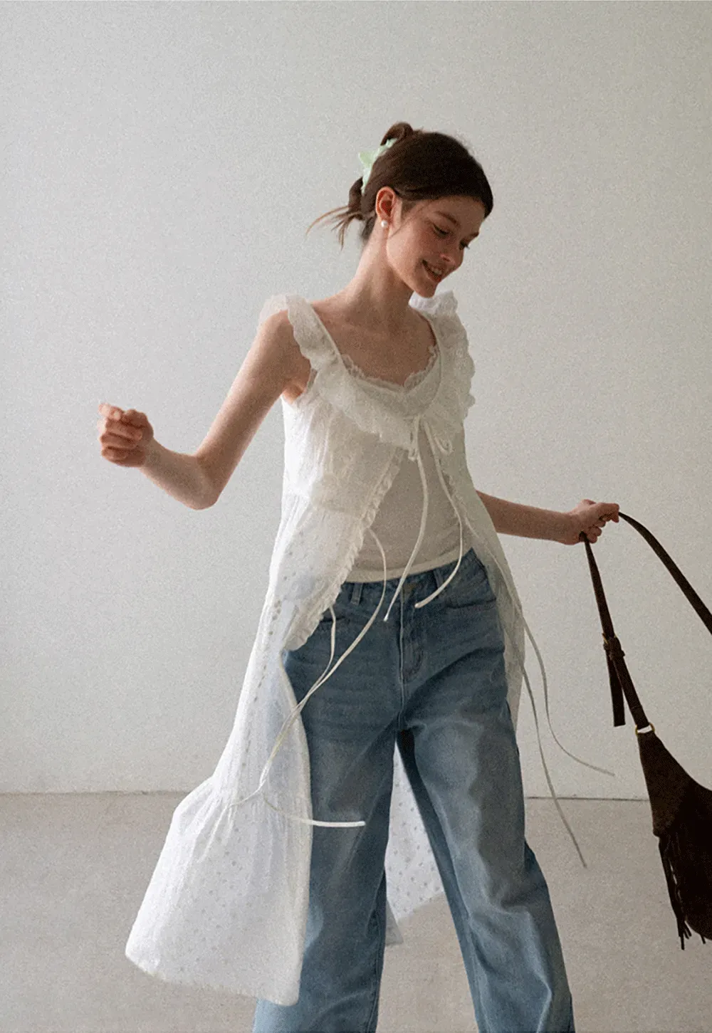 Lace Trim Drawstring Front Sleeveless Dress