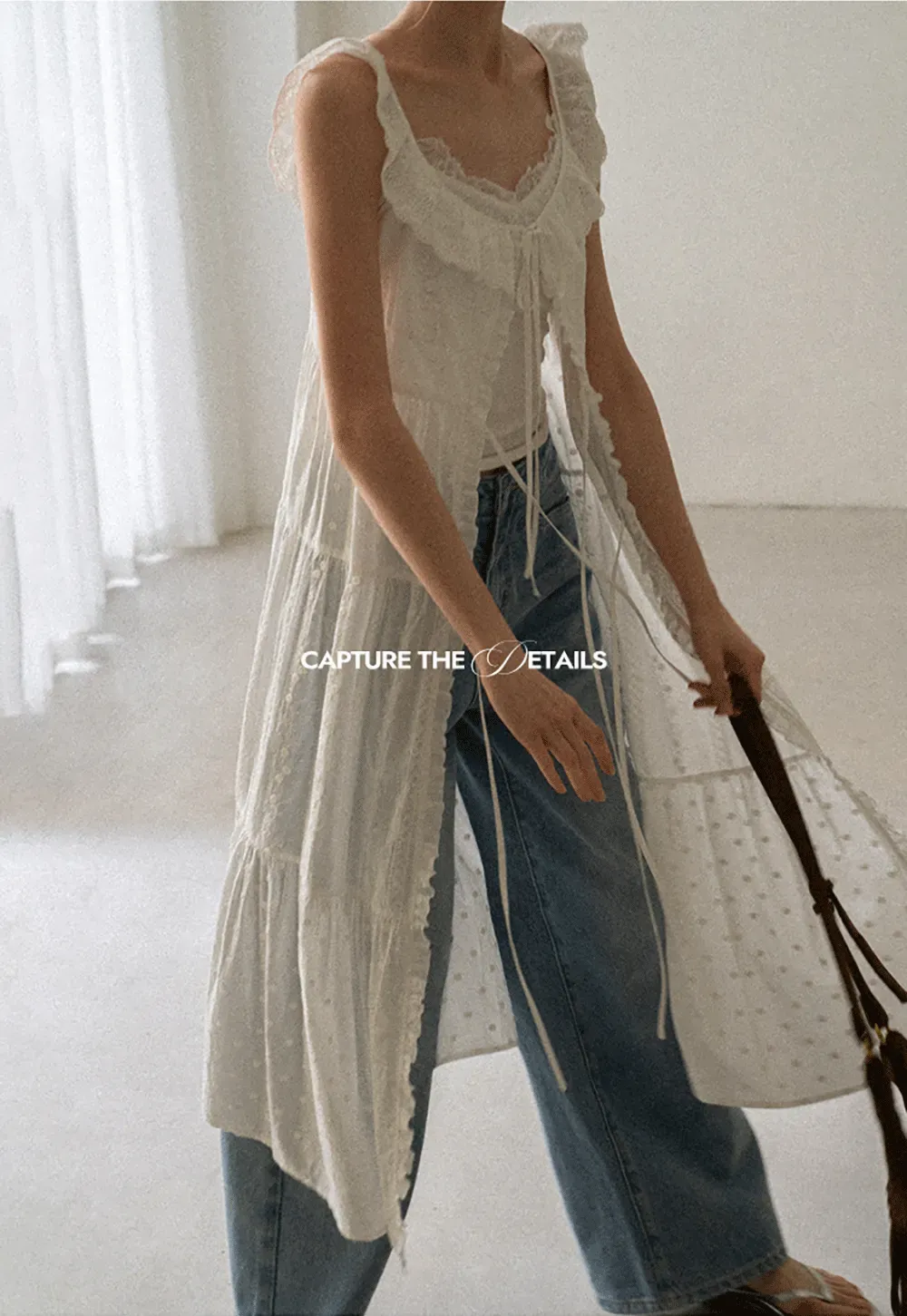 Lace Trim Drawstring Front Sleeveless Dress