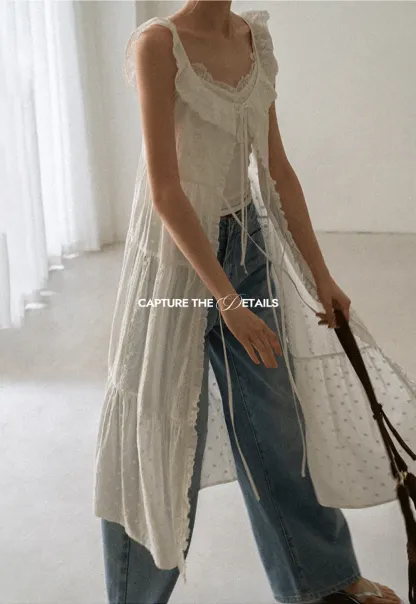 Lace Trim Drawstring Front Sleeveless Dress