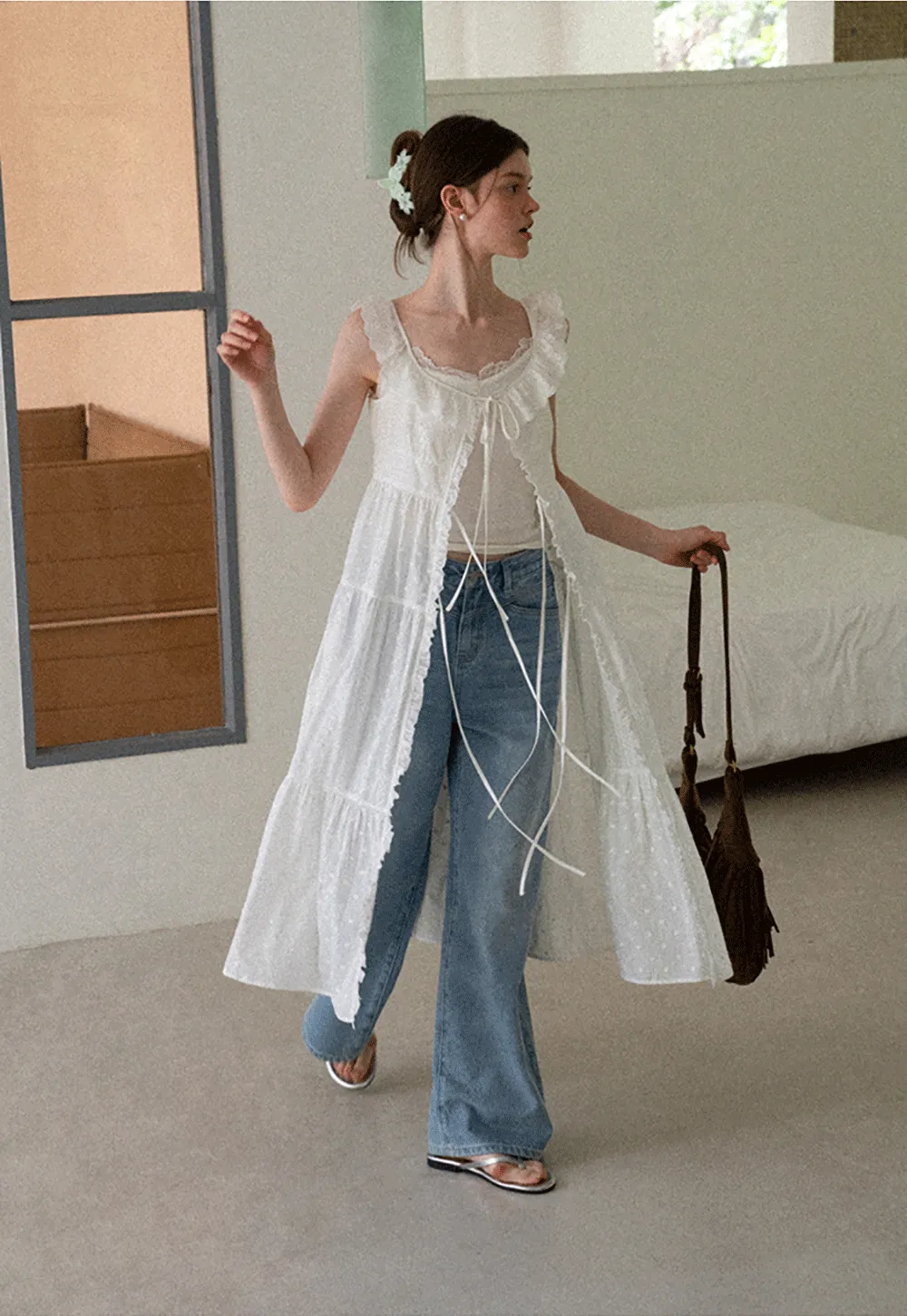 Lace Trim Drawstring Front Sleeveless Dress