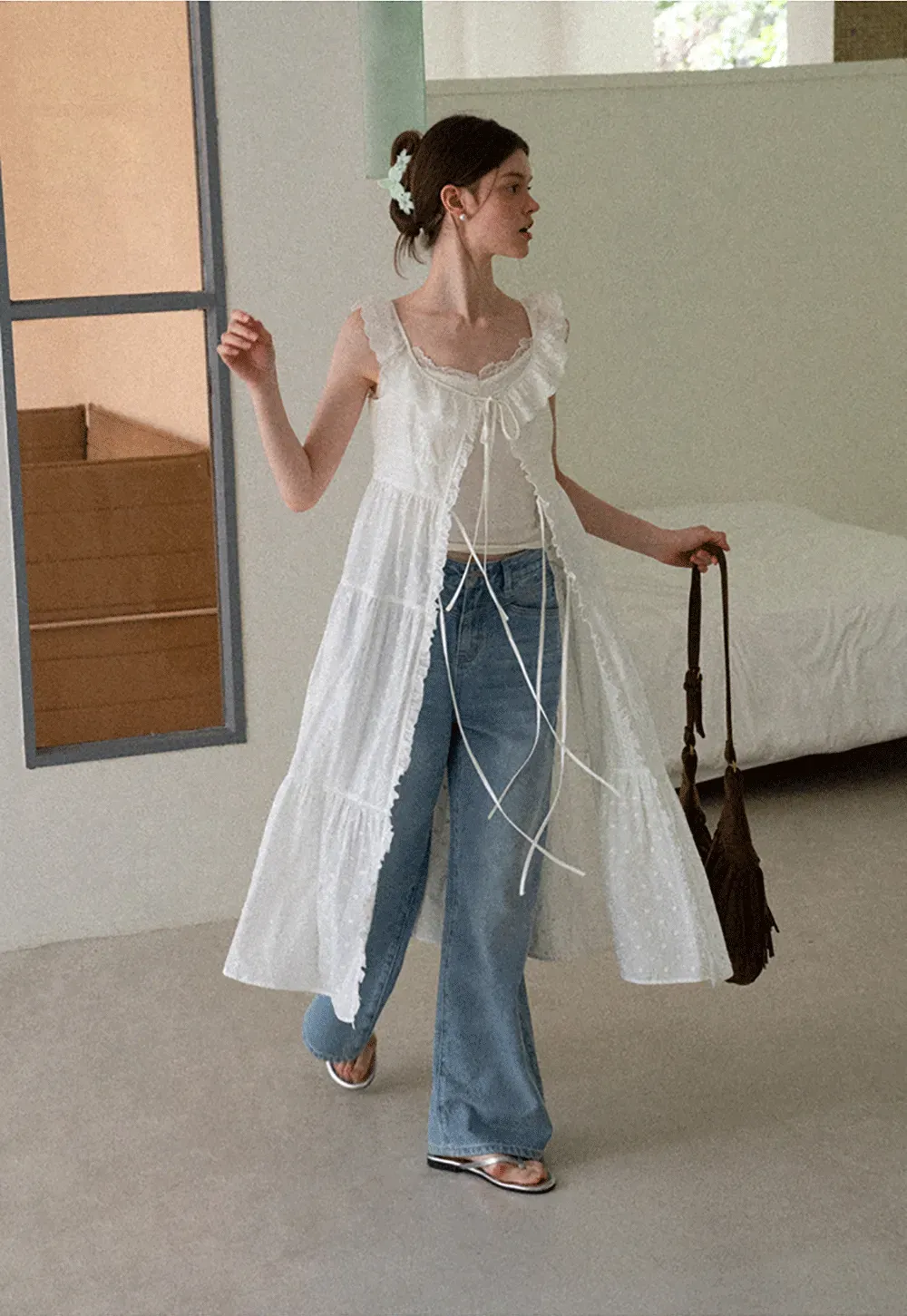 Lace Trim Drawstring Front Sleeveless Dress
