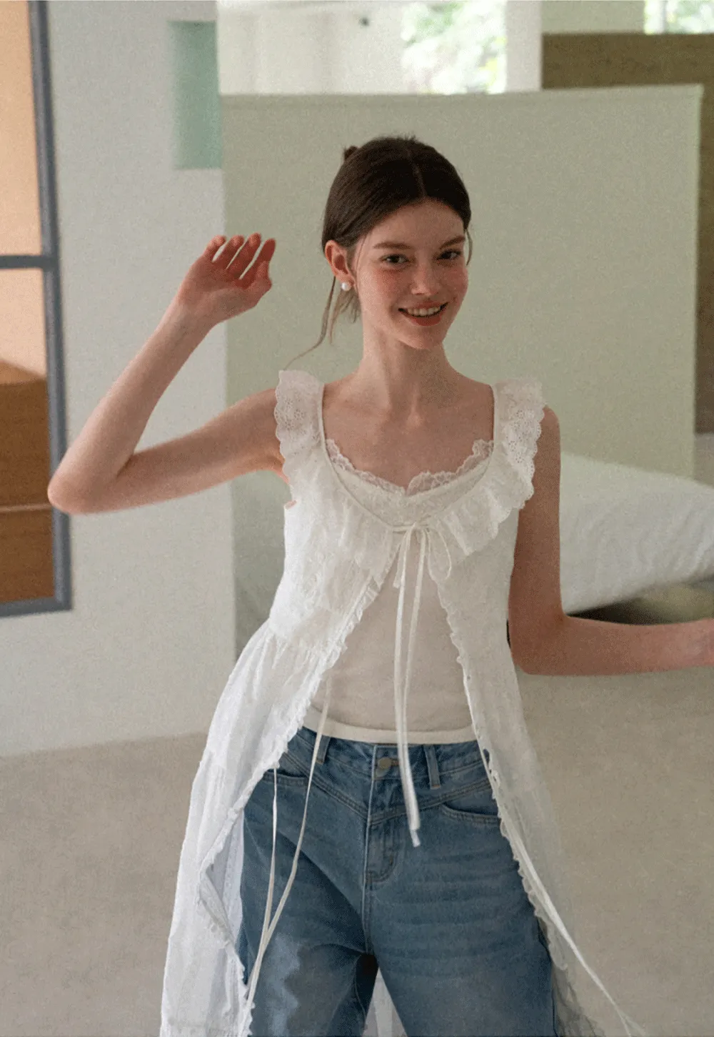 Lace Trim Drawstring Front Sleeveless Dress
