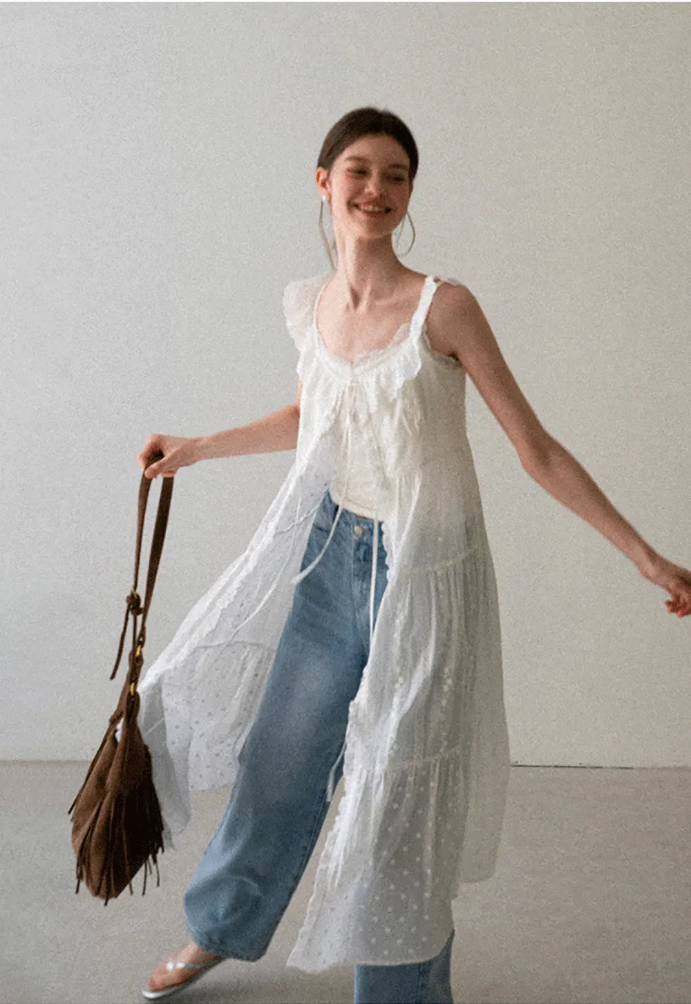 Lace Trim Drawstring Front Sleeveless Dress