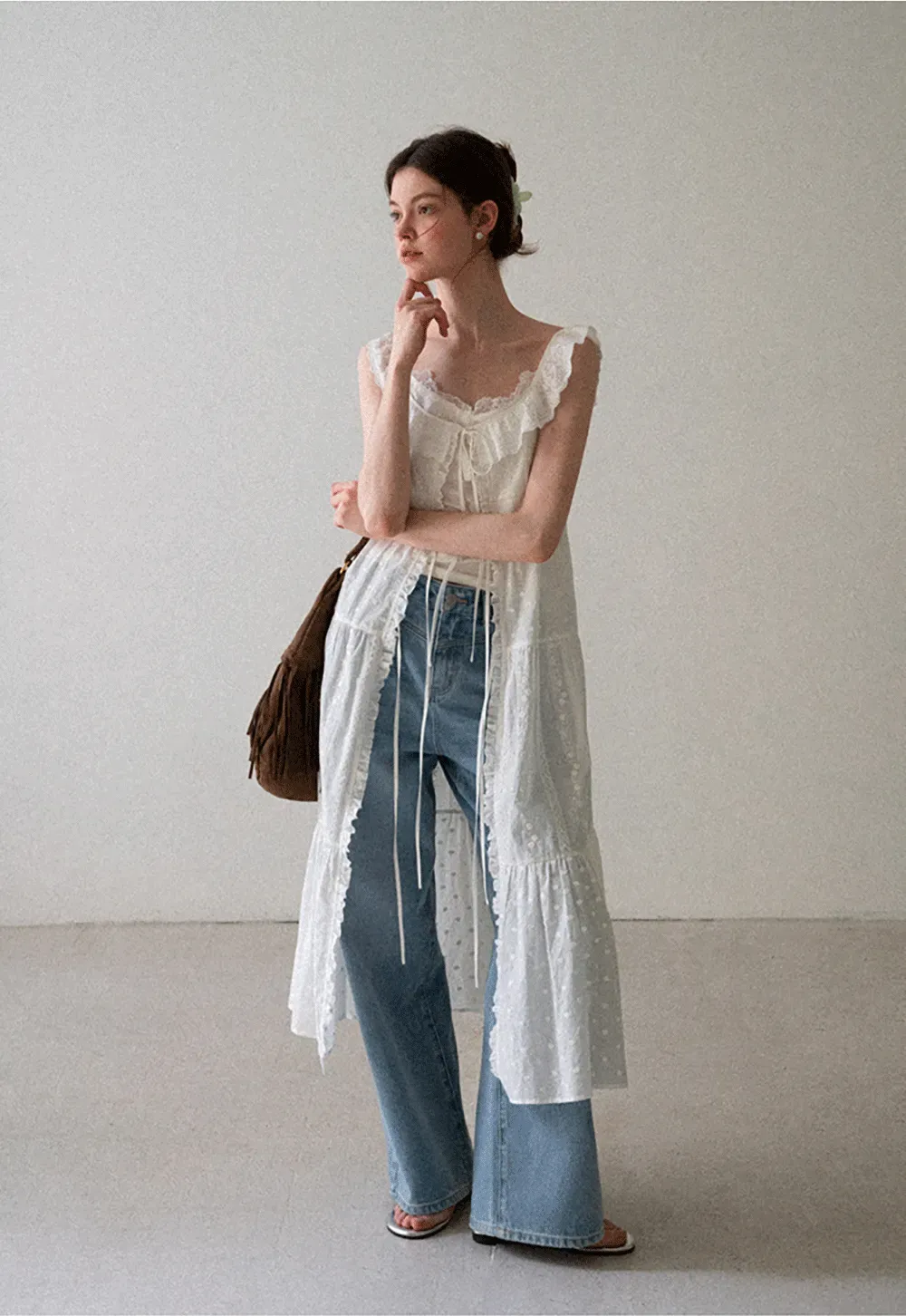 Lace Trim Drawstring Front Sleeveless Dress