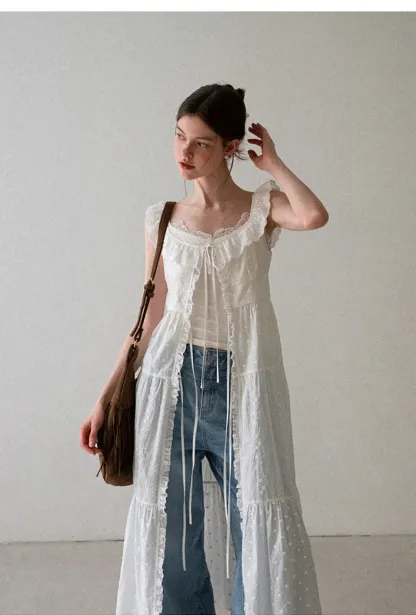 Lace Trim Drawstring Front Sleeveless Dress
