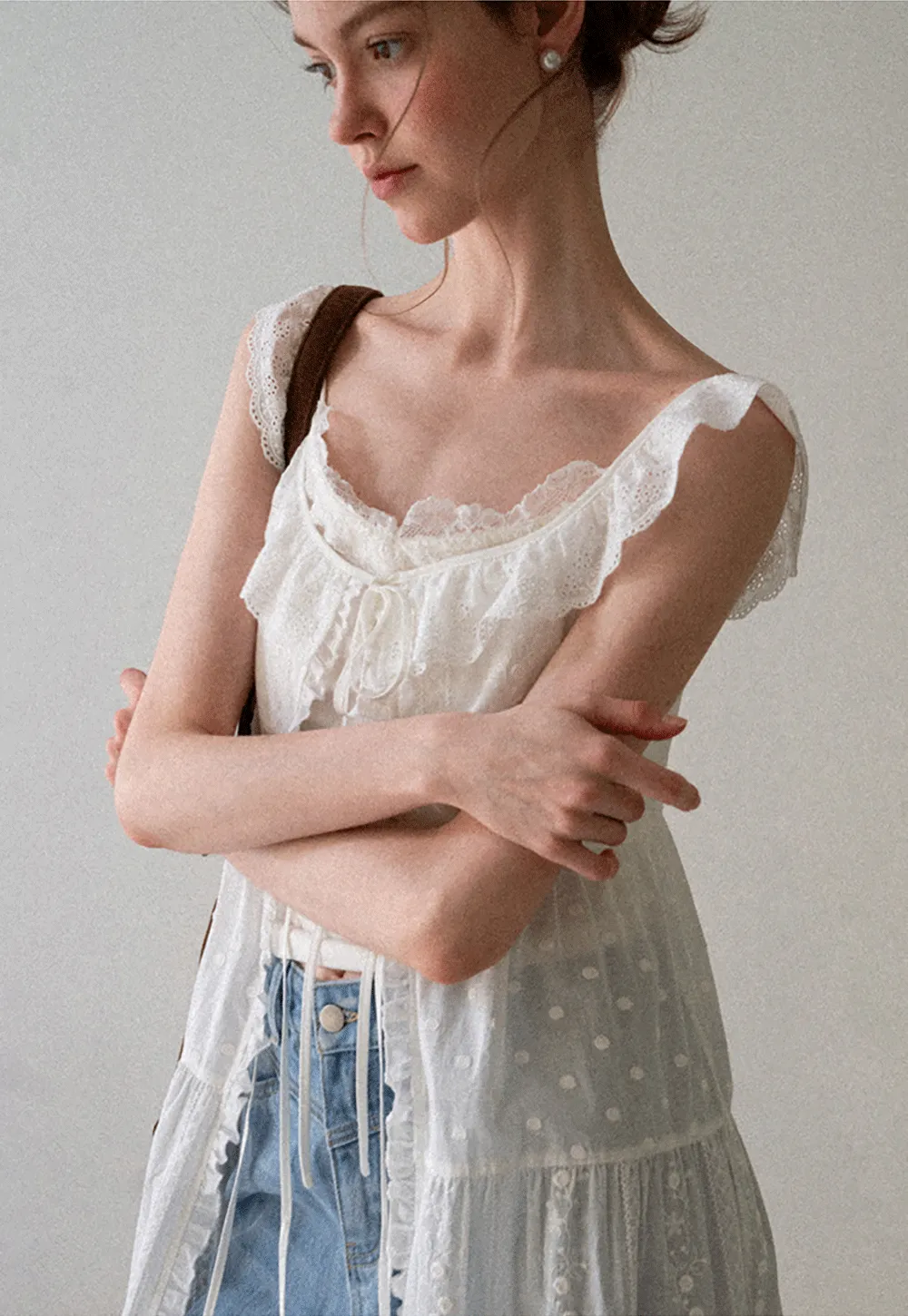 Lace Trim Drawstring Front Sleeveless Dress