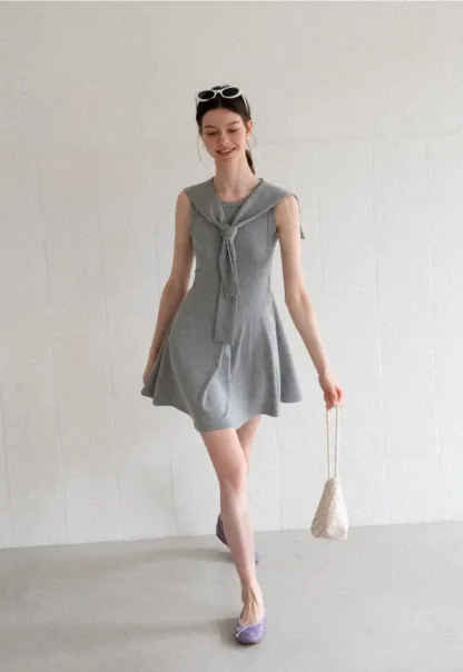 Knotted Collar Sleeveless Fit and Flare Dress