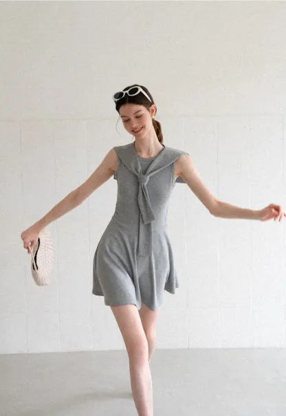 Knotted Collar Sleeveless Fit and Flare Dress