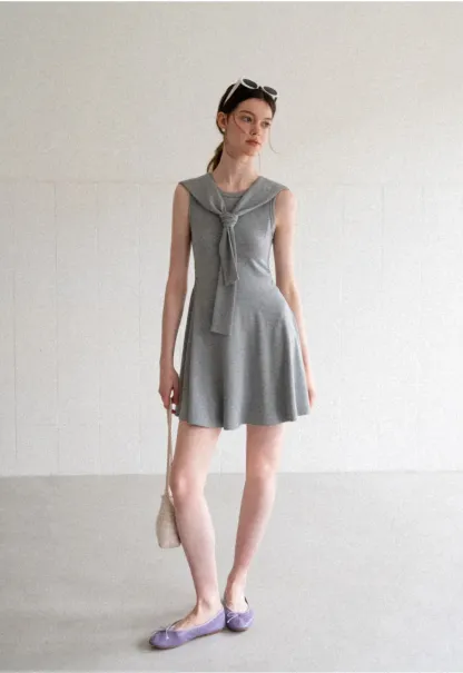 Knotted Collar Sleeveless Fit and Flare Dress