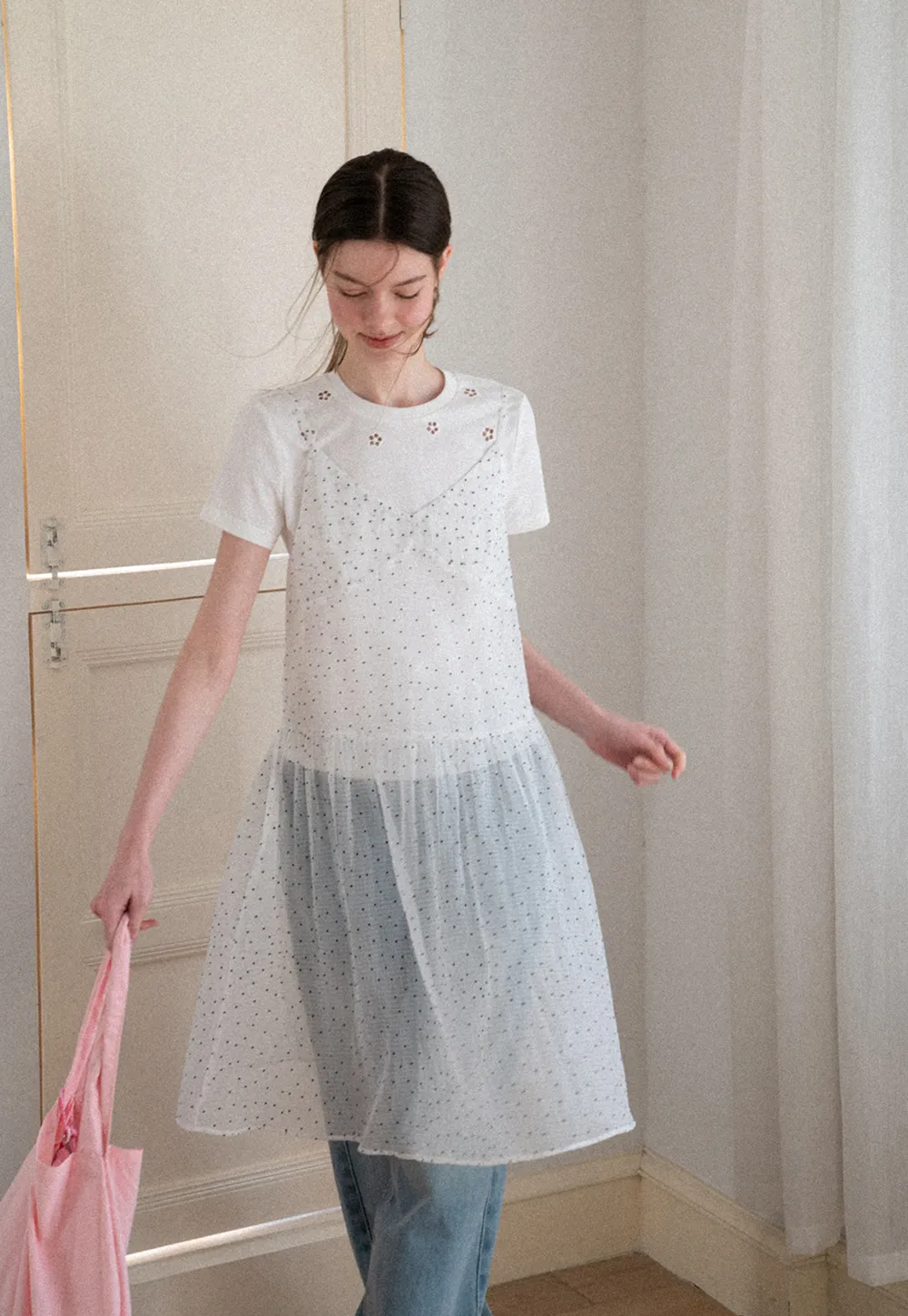 Embroidered Dot Pattern Layered T Shirt Dress