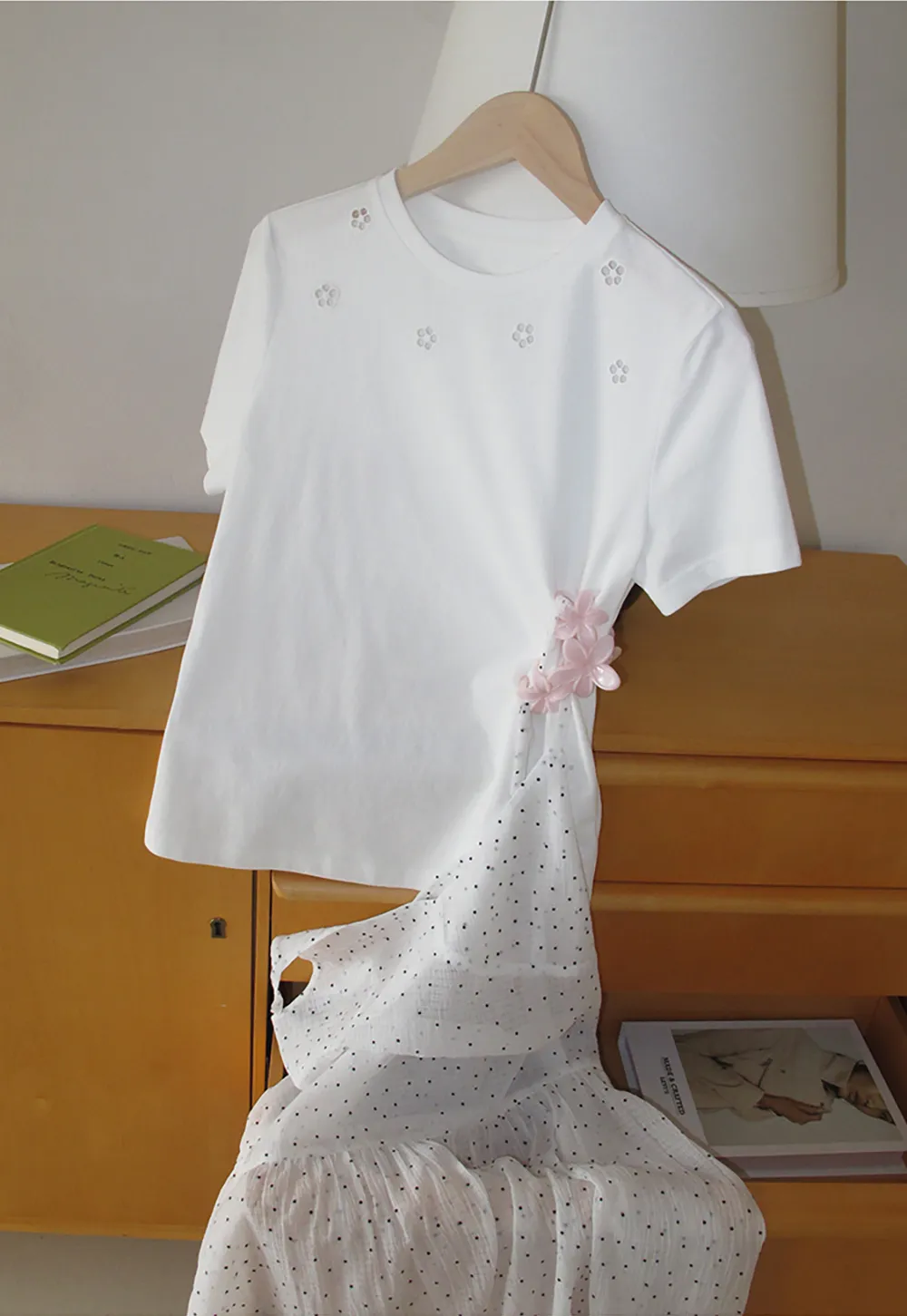 Embroidered Dot Pattern Layered T Shirt Dress