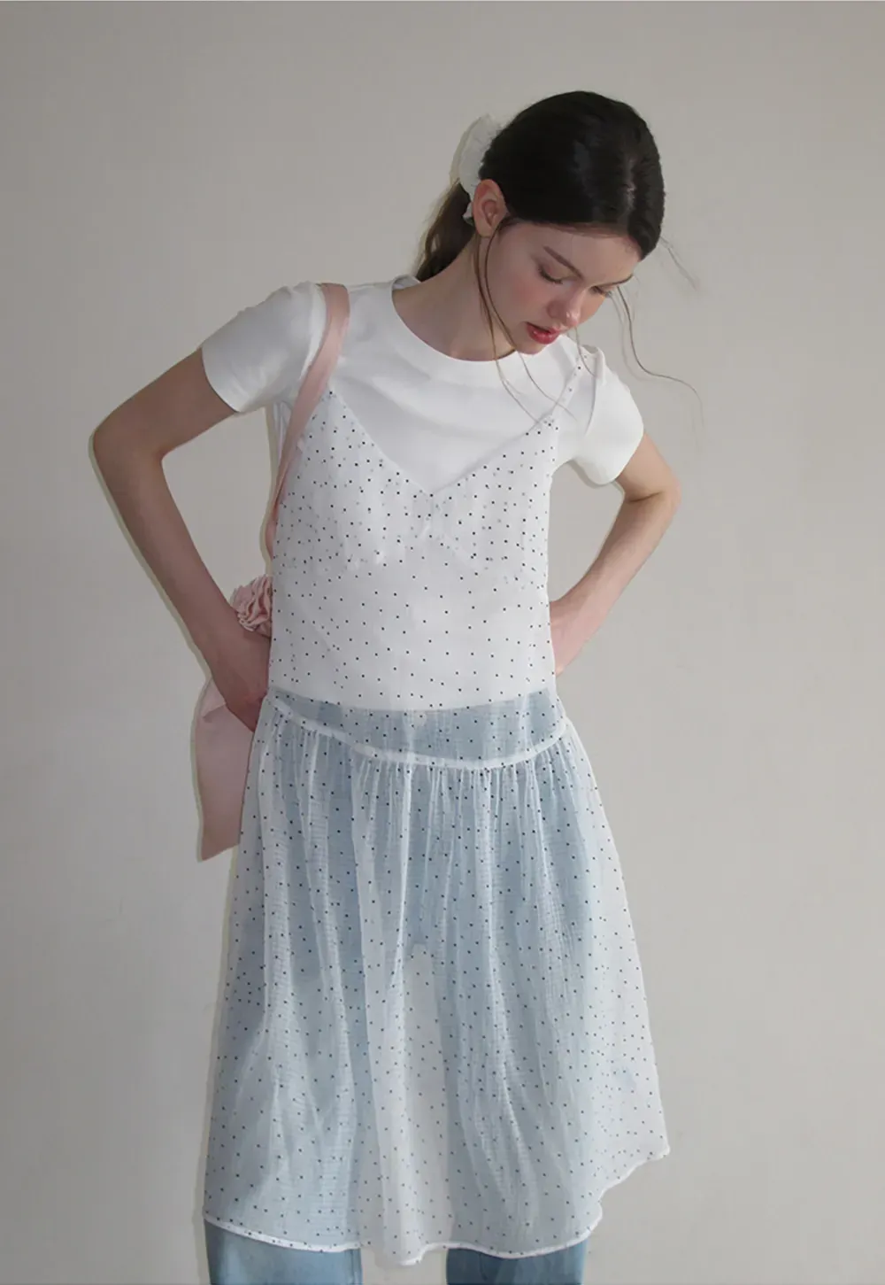Embroidered Dot Pattern Layered T Shirt Dress