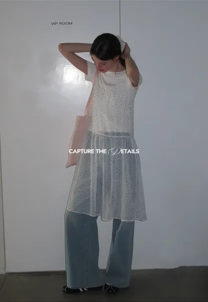 Embroidered Dot Pattern Layered T Shirt Dress