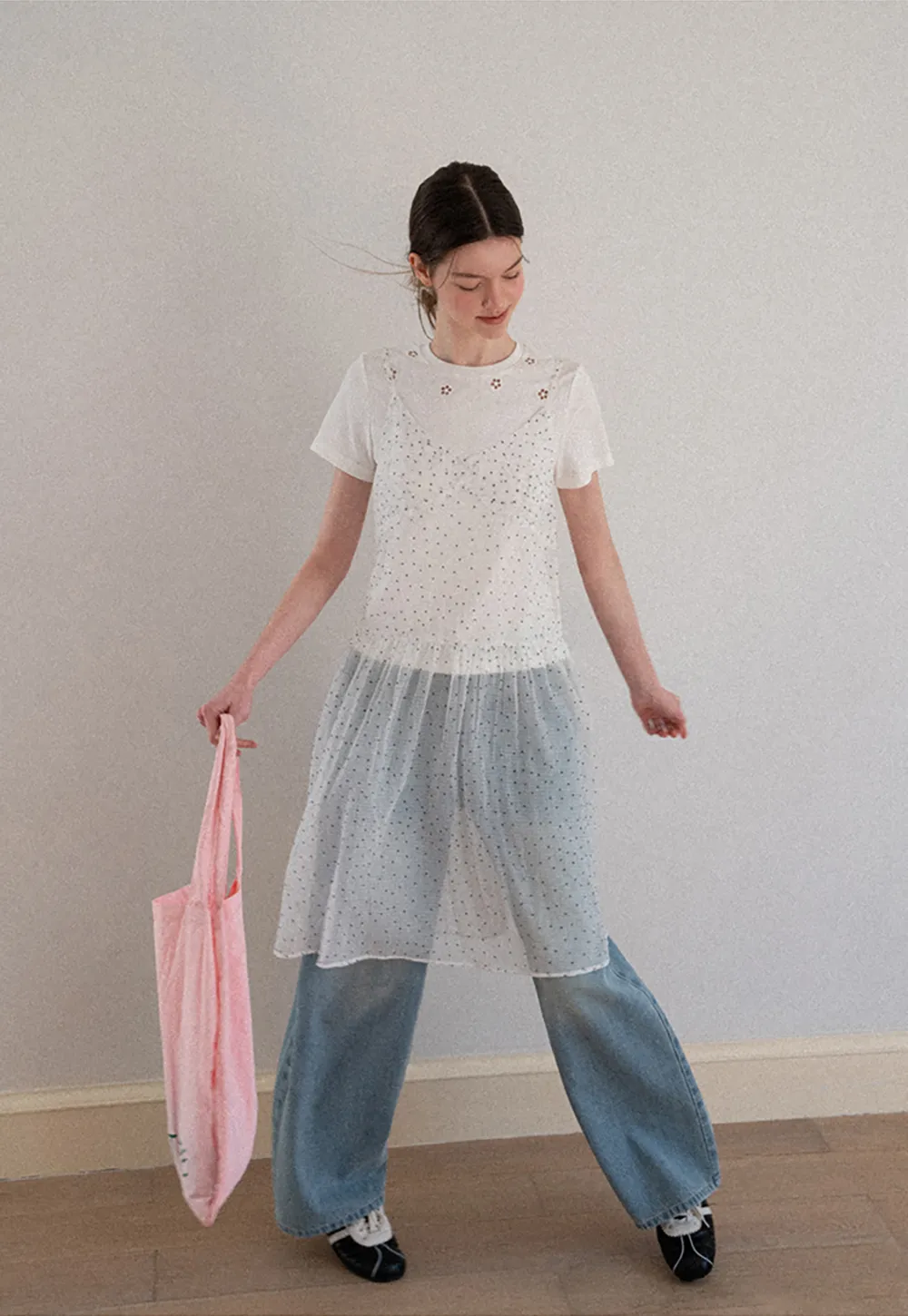 Embroidered Dot Pattern Layered T Shirt Dress
