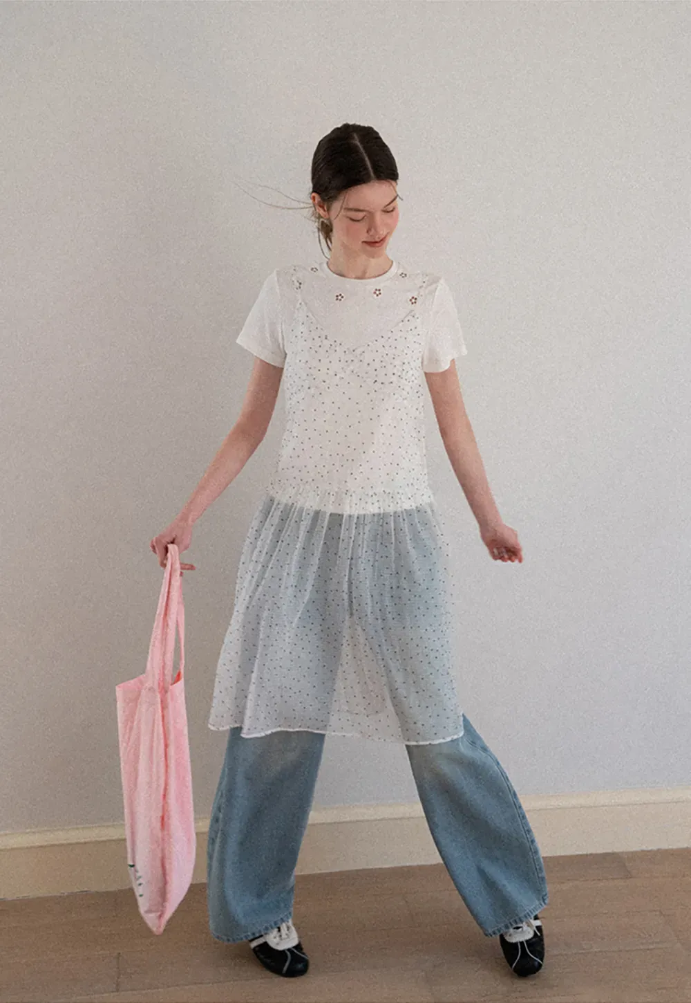 Embroidered Dot Pattern Layered T Shirt Dress