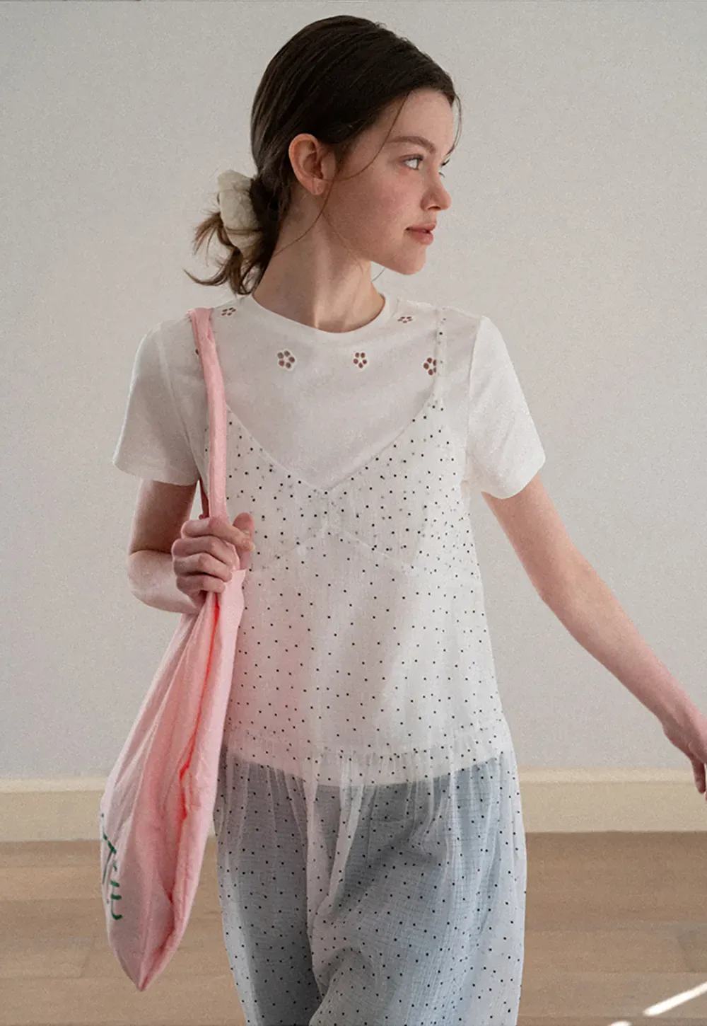 Embroidered Dot Pattern Layered T Shirt Dress