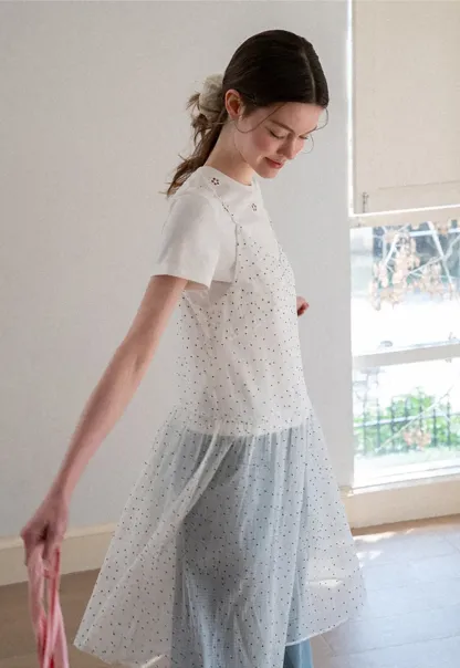 Embroidered Dot Pattern Layered T Shirt Dress
