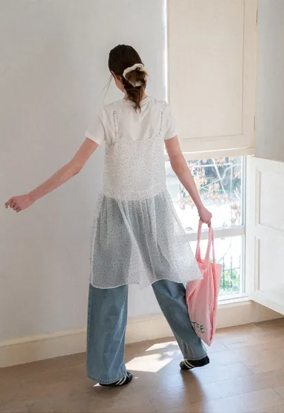 Embroidered Dot Pattern Layered T Shirt Dress