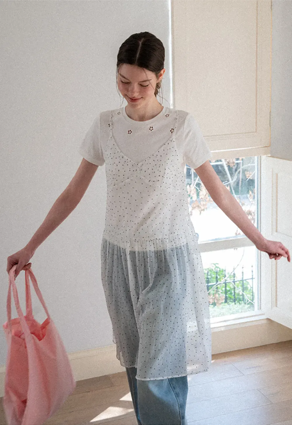 Embroidered Dot Pattern Layered T Shirt Dress
