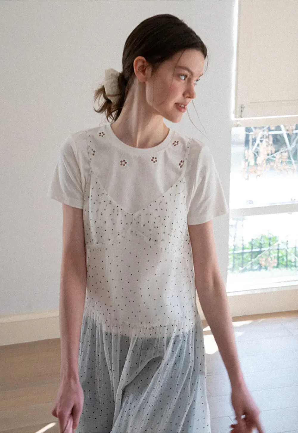 Embroidered Dot Pattern Layered T Shirt Dress