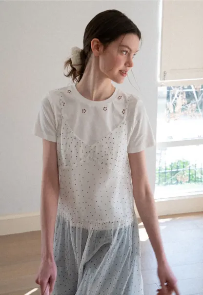 Embroidered Dot Pattern Layered T Shirt Dress