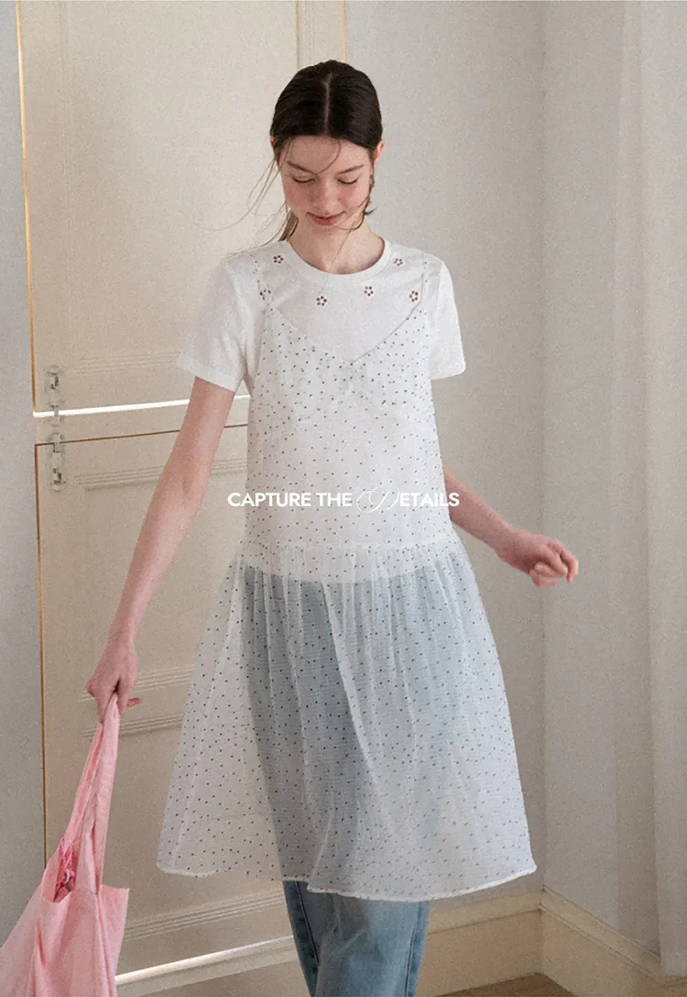 Embroidered Dot Pattern Layered T Shirt Dress