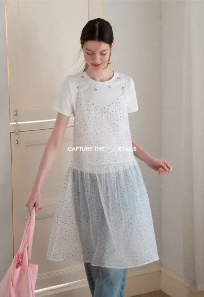 Embroidered Dot Pattern Layered T Shirt Dress