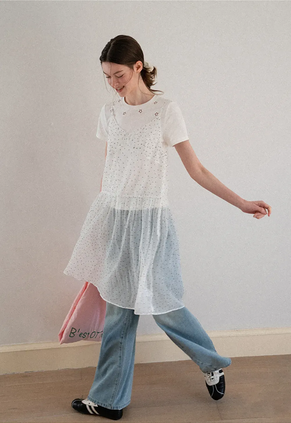 Embroidered Dot Pattern Layered T Shirt Dress